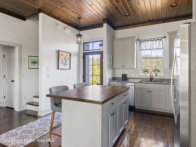 kitchen featuring wood counters, sink, wood ceiling, appliances with stainless steel finishes, and a kitchen island