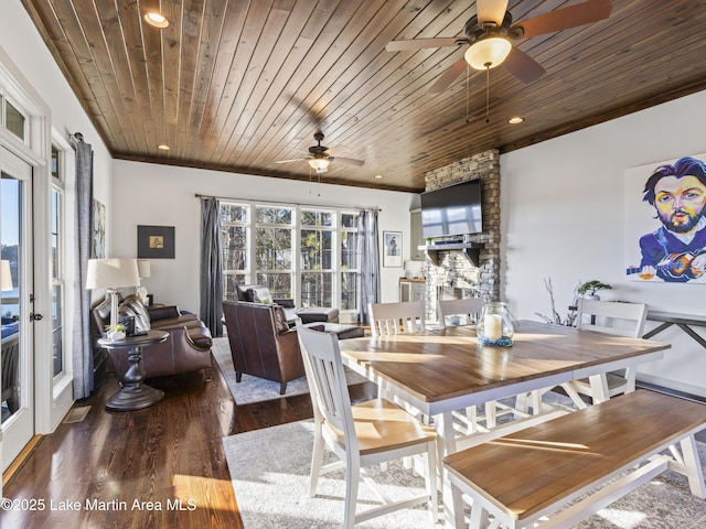 dining space featuring wood ceiling, wood-type flooring, ornamental molding, and ceiling fan