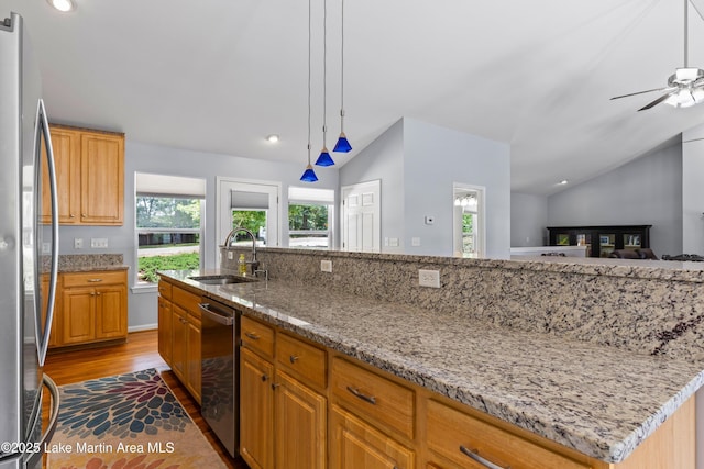 310 Hillwood, Dadeville, AL 36853 - kitchen featuring lofted ceiling, appliances with stainless steel finishes, light wood finished floors, light stone counters, and ceiling fan