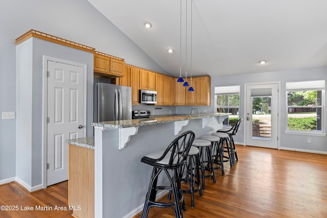 310 Hillwood, Dadeville, AL 36853 - kitchen featuring appliances with stainless steel finishes, wood finished floors, lofted ceiling, light stone countertops, and a kitchen bar