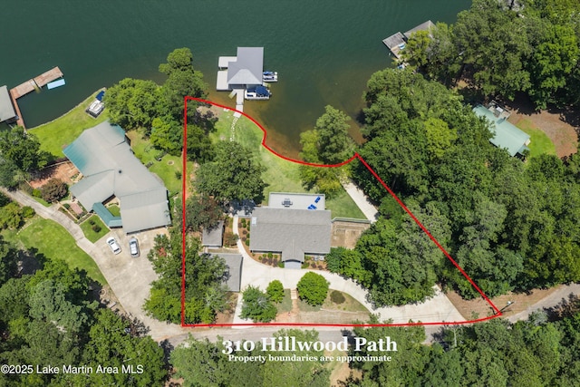 310 Hillwood, Dadeville, AL 36853 - aerial view of property and surrounding area featuring property parcel outlined and a nearby body of water
