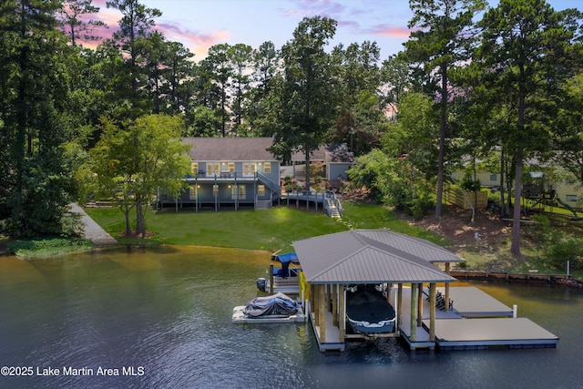 310 Hillwood, Dadeville, AL 36853 - dock area featuring a water view, boat lift, and a lawn