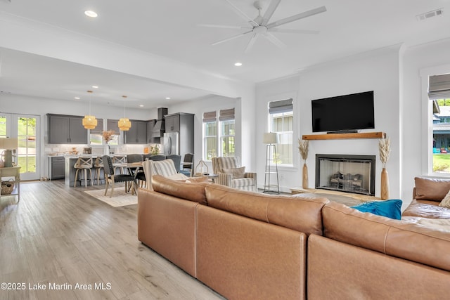 285 Magnolia Way, Dadeville, AL 36853 - living area featuring a ceiling fan, light wood finished floors, plenty of natural light, recessed lighting, and a fireplace