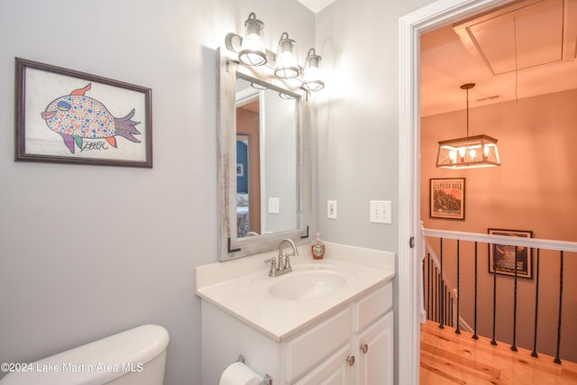 bathroom featuring vanity, wood-type flooring, and toilet