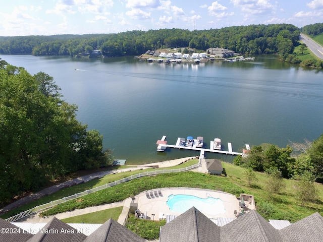 aerial view featuring a water view