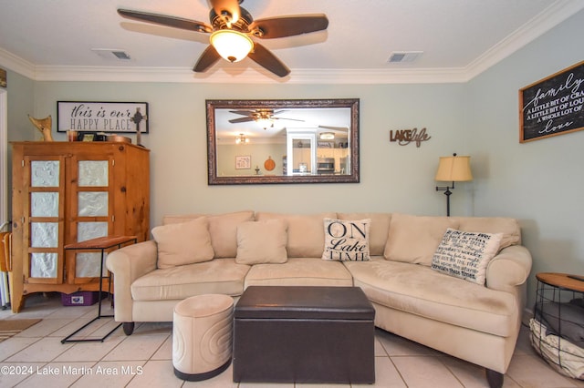 tiled living room with crown molding