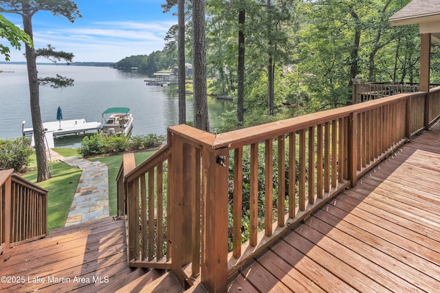 195 Honeysuckle Hl, Tallassee, AL 36078 - wooden deck featuring a water view, a boat dock, and boat lift