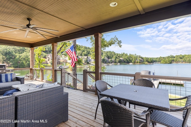 20 Heart Pine Ln, Dadeville, AL 36853 - deck with a water view, a ceiling fan, an outdoor living space, and outdoor dining area