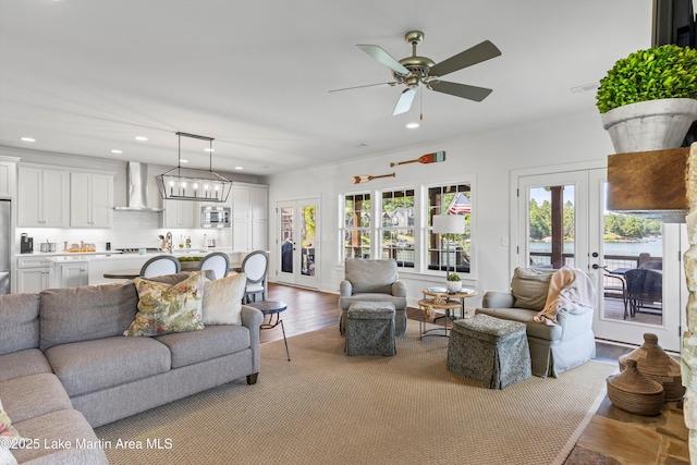 20 Heart Pine Ln, Dadeville, AL 36853 - living room featuring wood finished floors, recessed lighting, a ceiling fan, and french doors