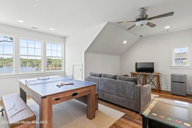 20 Heart Pine Ln, Dadeville, AL 36853 - playroom featuring dark wood-type flooring, ceiling fan, recessed lighting, lofted ceiling, and a water view