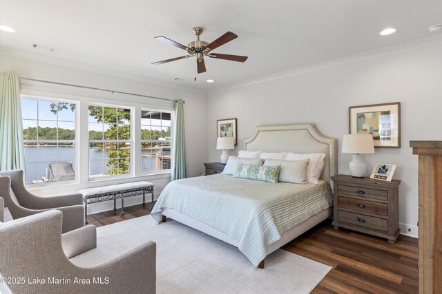 20 Heart Pine Ln, Dadeville, AL 36853 - bedroom with wood finished floors, ornamental molding, recessed lighting, a water view, and a ceiling fan