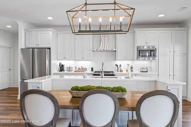 20 Heart Pine Ln, Dadeville, AL 36853 - kitchen featuring stainless steel appliances, a kitchen island with sink, light countertops, white cabinetry, and recessed lighting