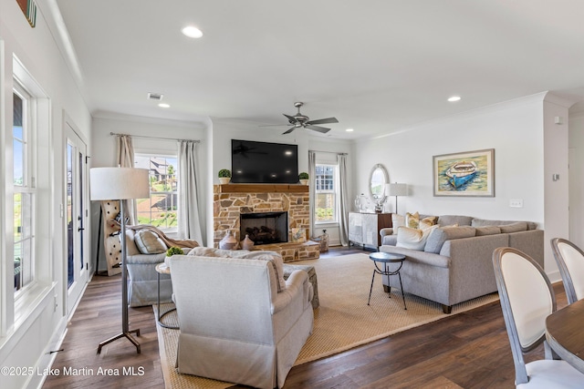 20 Heart Pine Ln, Dadeville, AL 36853 - living area featuring a ceiling fan, ornamental molding, a fireplace, dark wood finished floors, and recessed lighting