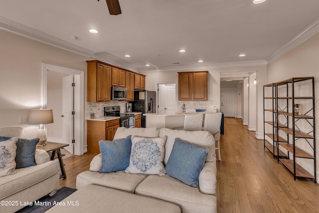 48 Stoneview Summit Ct Unit 2401, Dadeville, AL 36853 - living room with recessed lighting, crown molding, light wood-style floors, ceiling fan, and baseboards
