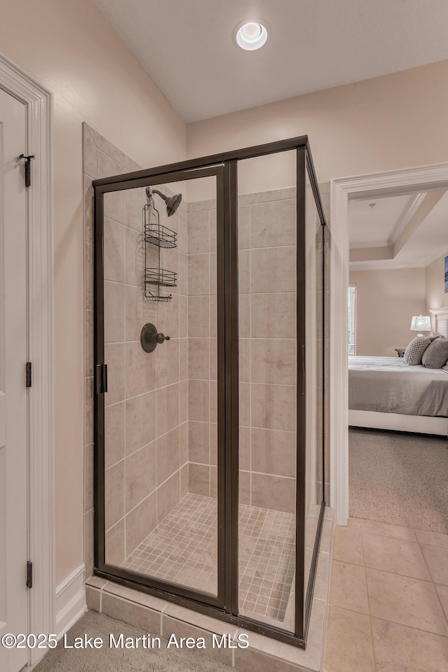 48 Stoneview Summit Ct Unit 2401, Dadeville, AL 36853 - ensuite bathroom featuring a shower stall, tile patterned flooring, and recessed lighting