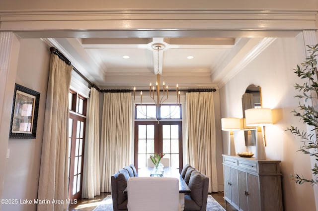 dining room with crown molding, dark wood finished floors, beam ceiling, an inviting chandelier, and coffered ceiling