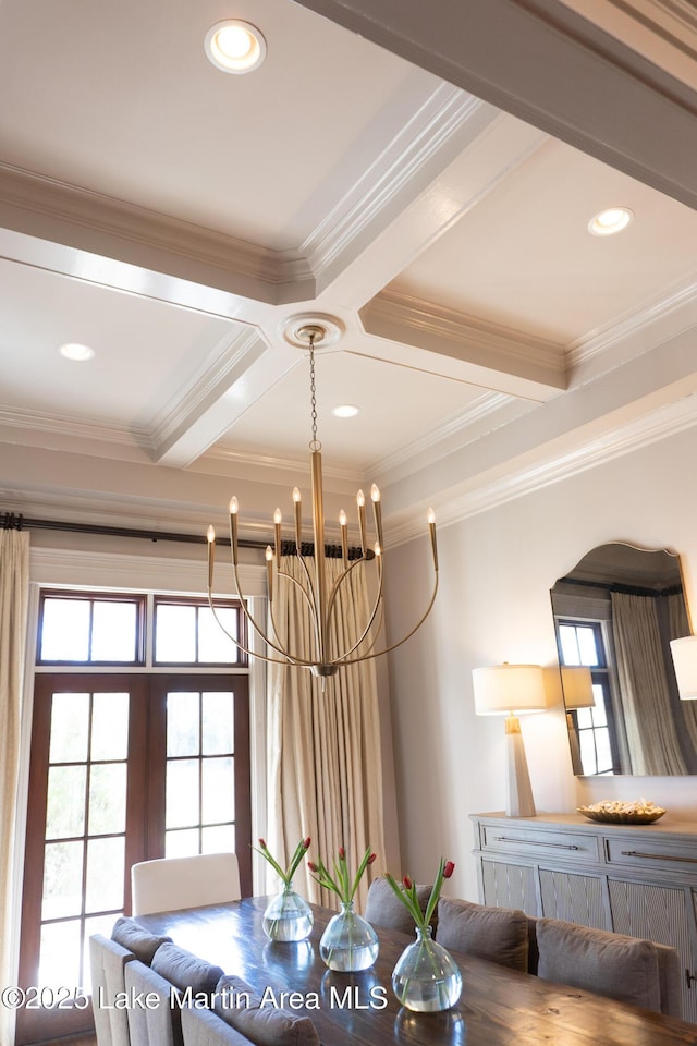 dining room featuring crown molding, beamed ceiling, a notable chandelier, coffered ceiling, and recessed lighting