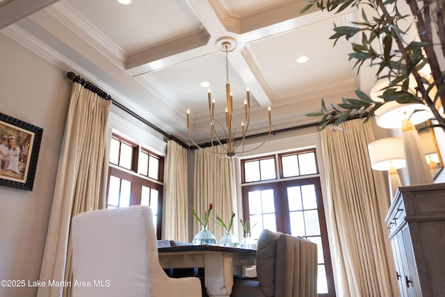 interior space with crown molding, plenty of natural light, beamed ceiling, and a notable chandelier