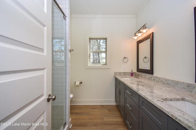 full bathroom with double vanity, baseboards, a sink, and wood finished floors