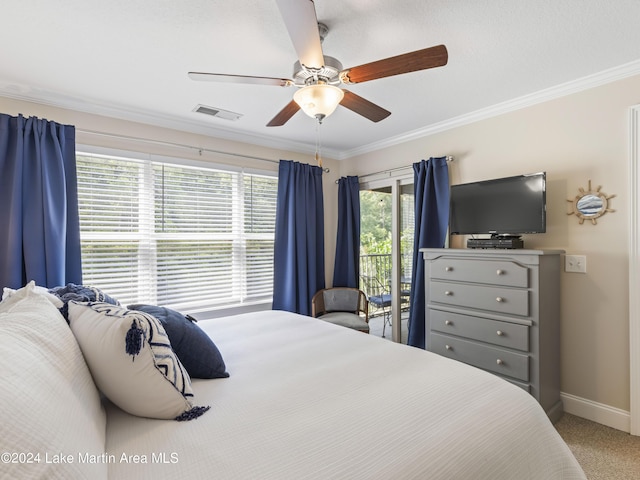 bedroom with carpet flooring, ceiling fan, access to outside, and ornamental molding