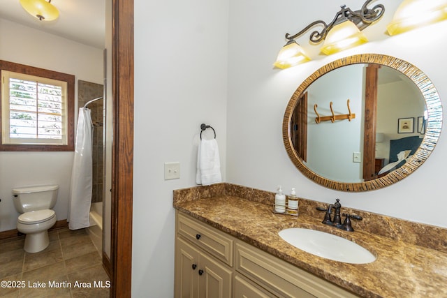 full bathroom with shower / bathtub combination with curtain, vanity, tile patterned floors, and toilet