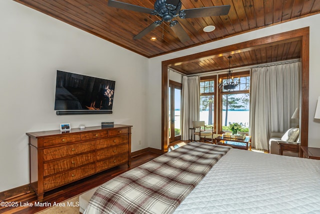 bedroom featuring a notable chandelier, hardwood / wood-style floors, and wooden ceiling