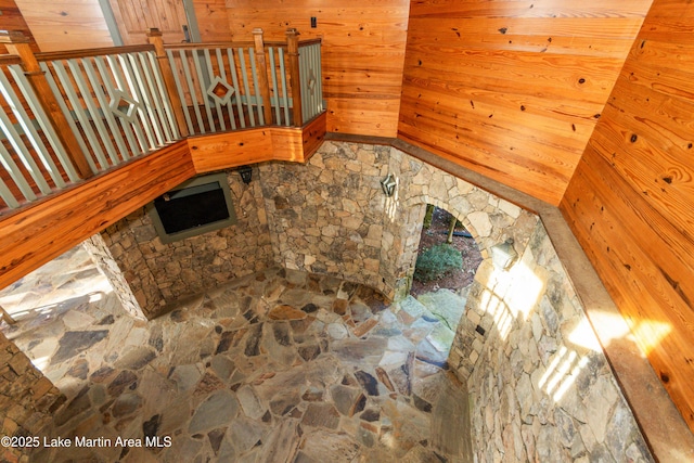 stairs with wood walls