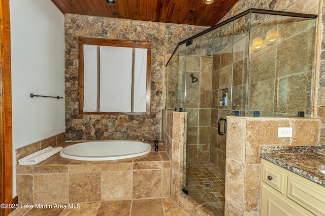 bathroom featuring vanity, wooden ceiling, and independent shower and bath