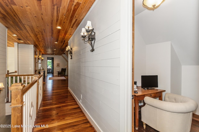 hallway with wooden ceiling and dark hardwood / wood-style floors