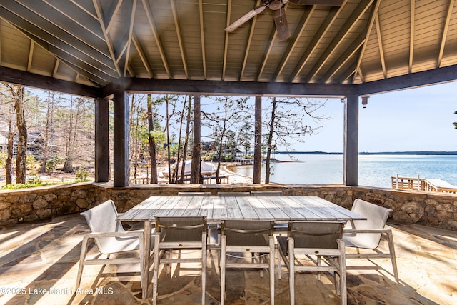 view of patio / terrace with a gazebo, a water view, and ceiling fan