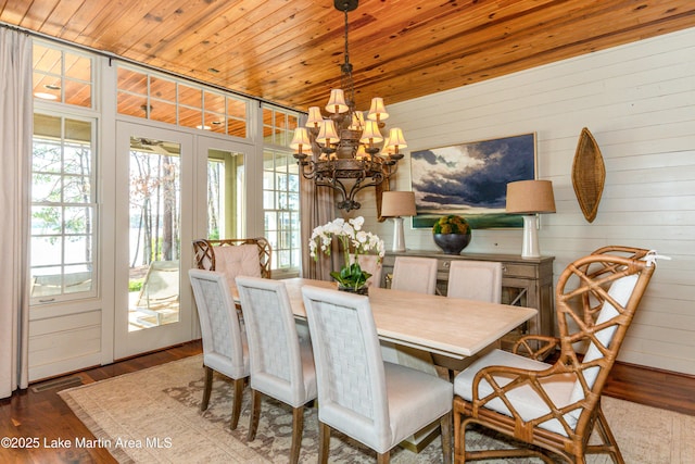 dining space with wood ceiling, a chandelier, and hardwood / wood-style flooring