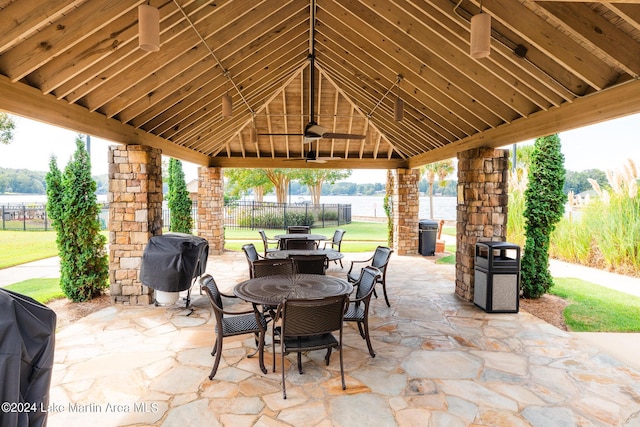 view of patio / terrace with a gazebo, grilling area, and ceiling fan