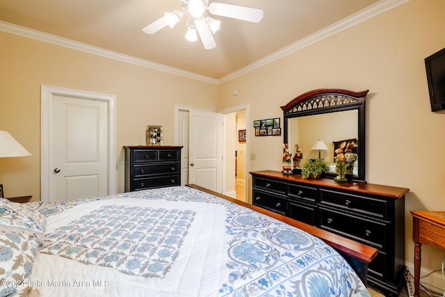 bedroom featuring ceiling fan and ornamental molding