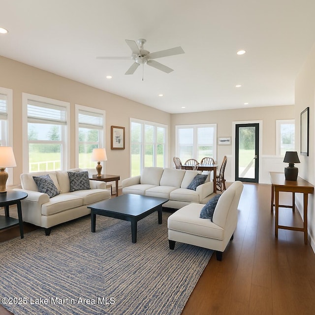 572 Newman Rd, Alexander City, AL 35010 - living room with dark wood finished floors, a ceiling fan, and recessed lighting