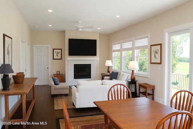 572 Newman Rd, Alexander City, AL 35010 - living area with recessed lighting, ceiling fan, a fireplace, and dark wood-style flooring