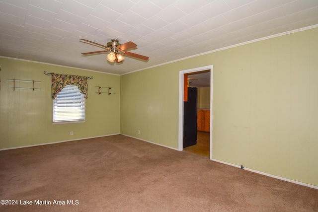 spare room with carpet flooring, ceiling fan, and crown molding