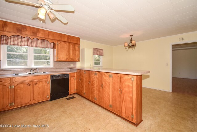 kitchen featuring dishwasher, backsplash, sink, hanging light fixtures, and kitchen peninsula