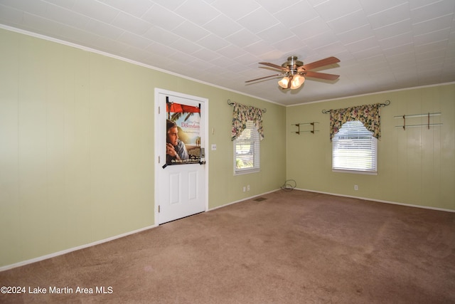 empty room featuring crown molding, carpet, and a healthy amount of sunlight