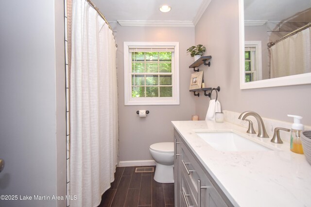 514 Sleepy Holw, Alexander City, AL 35010 - bathroom with vanity, crown molding, wood tiled floors, recessed lighting, and a shower with curtain
