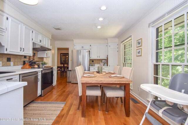 514 Sleepy Holw, Alexander City, AL 35010 - kitchen with appliances with stainless steel finishes, under cabinet range hood, ornamental molding, white cabinetry, and light countertops