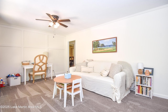 514 Sleepy Holw, Alexander City, AL 35010 - living area featuring a ceiling fan, carpet, and crown molding