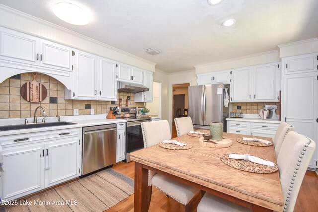 514 Sleepy Holw, Alexander City, AL 35010 - kitchen with appliances with stainless steel finishes, white cabinets, under cabinet range hood, backsplash, and light wood-style flooring