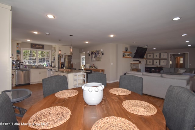 dining space featuring sink and dark wood-type flooring