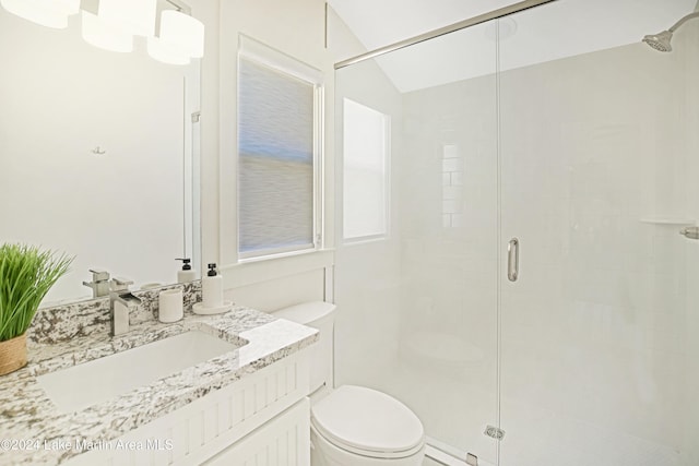 bathroom with an enclosed shower, vanity, toilet, and vaulted ceiling