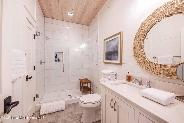 326 Bulgers Mill Loop, Alexander City, AL 35010 - full bath with wood ceiling, toilet, a shower stall, vanity, and recessed lighting
