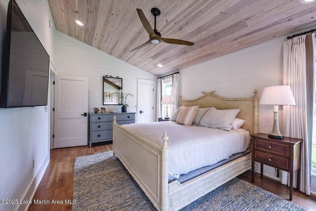 326 Bulgers Mill Loop, Alexander City, AL 35010 - bedroom featuring vaulted ceiling, wooden ceiling, wood finished floors, recessed lighting, and ceiling fan