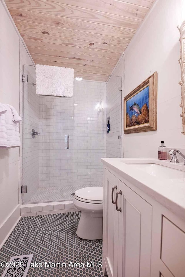 326 Bulgers Mill Loop, Alexander City, AL 35010 - full bathroom featuring toilet, wood ceiling, tile patterned floors, a shower stall, and vanity