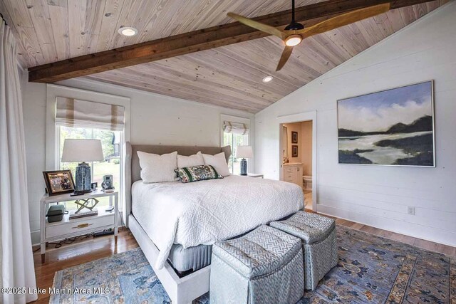 326 Bulgers Mill Loop, Alexander City, AL 35010 - bedroom with wood finished floors, multiple windows, wooden ceiling, recessed lighting, and connected bathroom