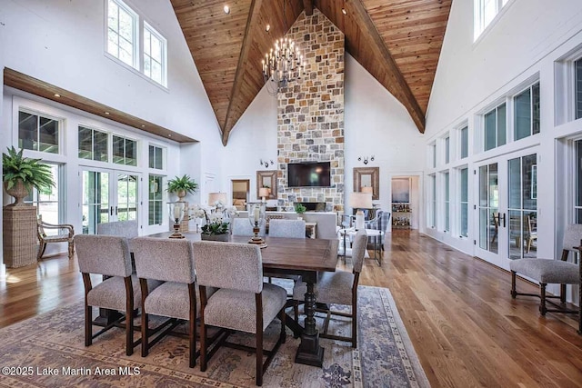 326 Bulgers Mill Loop, Alexander City, AL 35010 - dining room featuring high vaulted ceiling, french doors, wooden ceiling, wood finished floors, and a chandelier