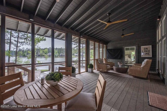 326 Bulgers Mill Loop, Alexander City, AL 35010 - sunroom / solarium featuring a water view, ceiling fan, and an outdoor hangout area